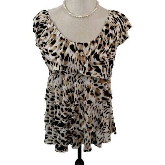 Milano Womens Small Top Leopard Print Pullover Sleeveless Stretchy Ruffle Animal - Picture 8 of 8